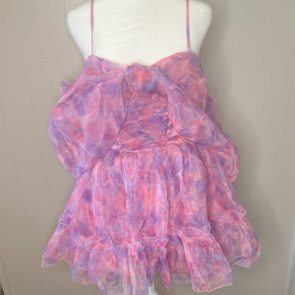 Dolls Kill Pink & Lavender Watercolor Ruffle Mini Dress